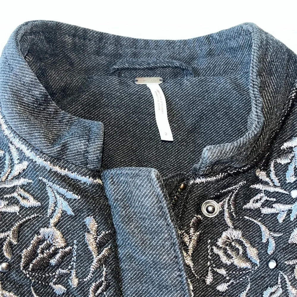 Free People Sargeant Floral Embroidered Embellished Military Coat Black 2‎